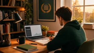 opositor estudiando enfrente del ordenador con una calculadora de oposiciones online de academia teba