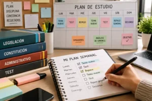 Persona organizando un calendario de estudio para una oposición con planificación semanal, temario y repasos