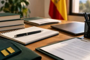 Mesa de estudio con documentos y material de preparación para la entrevista Guardia Civil